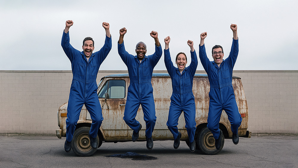 four employees jumping for joy from a rusty van
